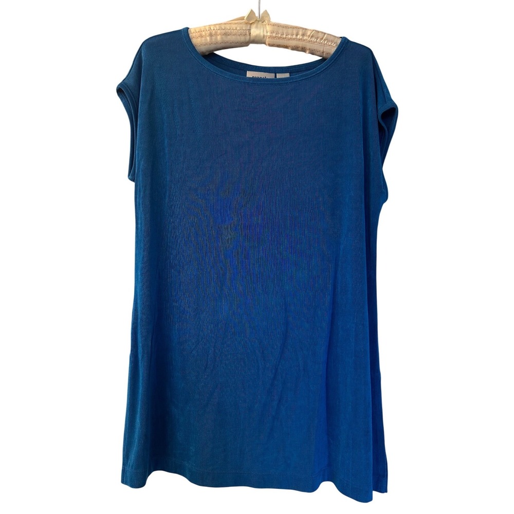 Chicos‎ Travelers Teal Blue Ribbed Knit Sleeveless Tunic Top Sz L Travel Vintage